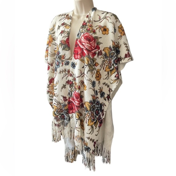 EUC Anthropologie Marseille Floral Fringed Kimono Poncho Shawl O/S Boho Western - Picture 5 of 15